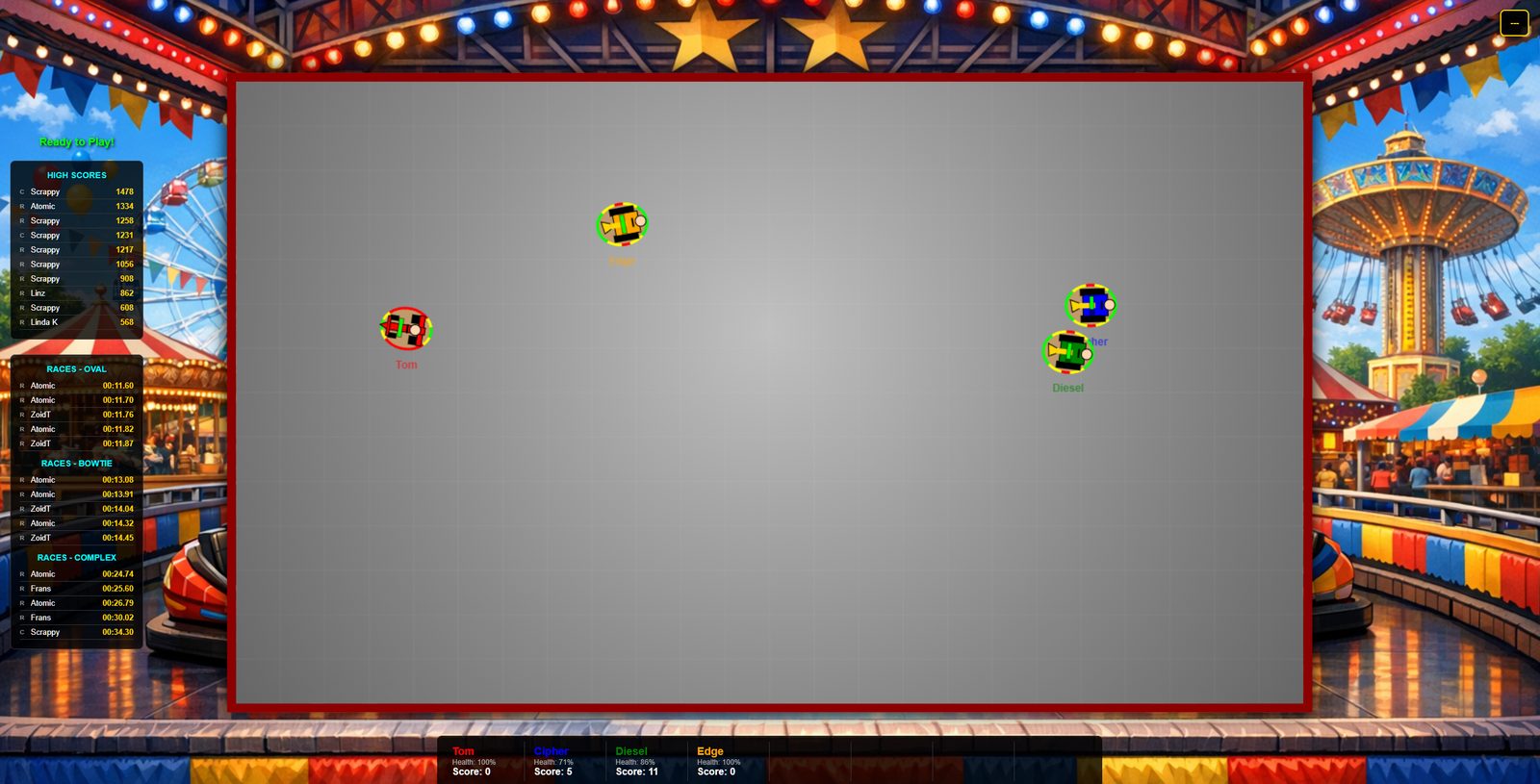 Bumper cars colliding under carnival lights